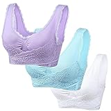 AMhomely 3PC Womens Sports Bra Ladies Bras Front Cross Side Buckle Push Up Bra Sexy Lace Bralette Wireless Yoga Running Lounge Bra Lift Up Bra Non Wired Bras for Women, 023 Blue + Pink + Purple