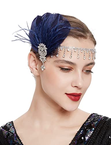 BABAEYOND Diadema de cristal de los años 20, gran accesorio Gatsby para mujer con plumas (azul marino) Cover