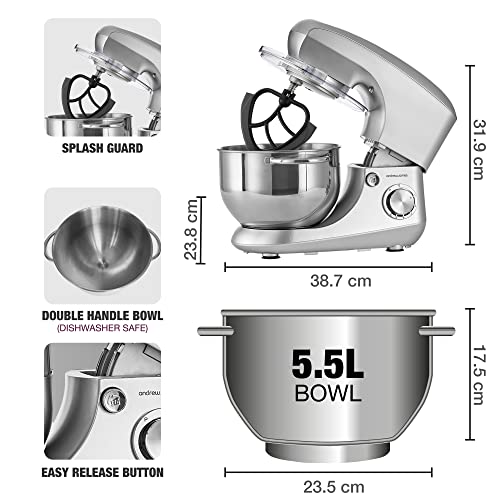 Andrew James Stand Mixer for Baking Food Mixer, 1300W Max, Large 5.5 Litre Bowl 6 Speed Pulse Mode, Kitchen Electric Mixer with Bowl, Flexi-Beater Dough Hook Balloon Whisk Removable Splash Guard - Image 6