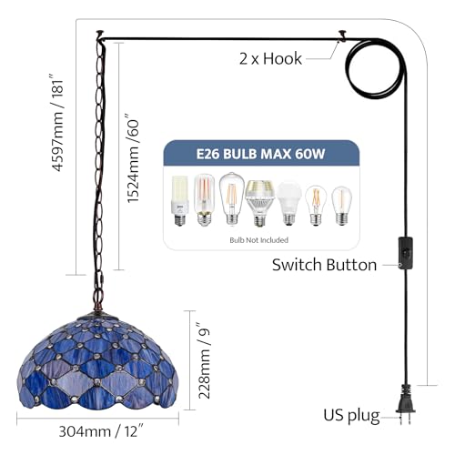 GILGGAK Tiffany Style Stained Glass Pendant Light Plug in, 12" Wide Pearlescent Design Hanging Lamp, 60 Inch Chain 15 Feet Cord Living Dining Room Bedroom Kitchen Home Office (Deep Blue) by GILGGAK - Used condition - Image 7