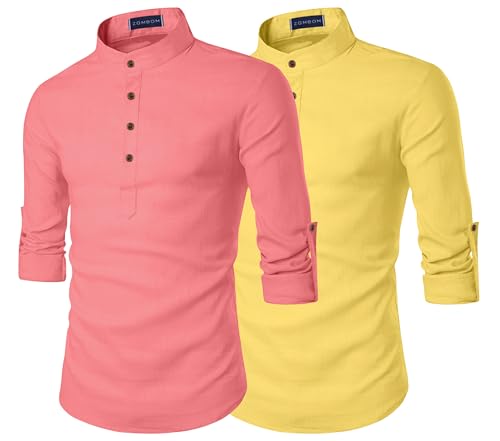 Image of Zombom Men's Combo Cotton Polyester Blend Solid Full Sleeve Straight Regular Fit Mandarin /Chinese Collor Kurta (Pack of 2)