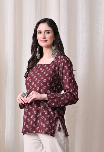 Image of MEERA FAB Women's Floral Printed Cotton Short Kurta Square Neck | Floral Printed Kurta with Full Sleeves | Short Kurti for Women
