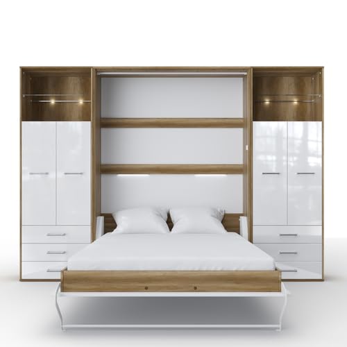 MAXIMAHOUSE Schrankbett vertikal Invento LED 140V mit 2 Regalen, Lattenrost aus Holz, Wandklappbett 140x200 modern Concept und Design, stabil,praktisch,platzsparend