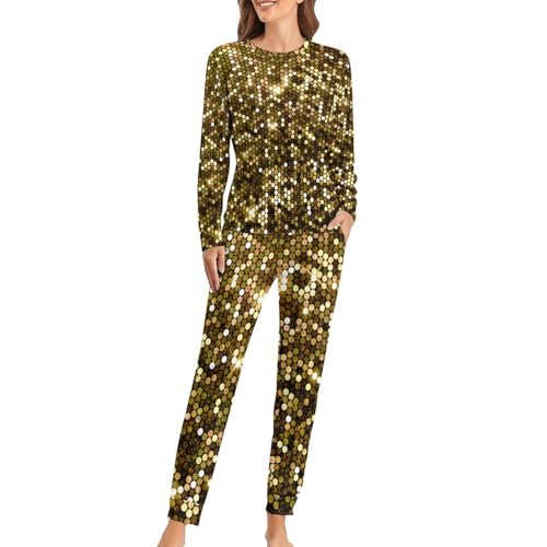 Pyjama femme paillettes d'or sleepwear t-shirt manches longues pantalon de nuit