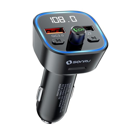 SONRU Bluetooth 5.3 FM Transmitter, Wireless Radio Adapter Car Kit, Audio Receiver Car Charger, Wireless FM Radio Transmitter, Hands-Free Calling and 2 USB Ports Charger, HiFi Treble & Bass Player