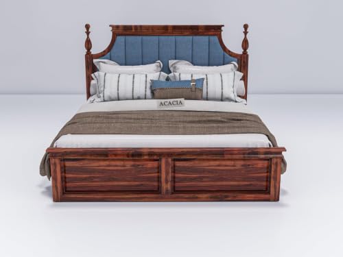 Image of Craft Solid Wooden King Size Bed with Storage | Double Bed Cot Bed with Box Storage & Blue Colour Upholstered Cushioned Headboard for Bedroom | Sheesham Wood, Honey