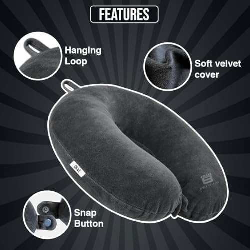 Image of CRAE Travel Neck Pillow for Men & Women | Soft Fibre Cushion for Flight, Car & Train | Soft Velvet Fabric with Attachable Snap Strap | Cervical Support for Neck Pain Relief.Pack of 1(Grey)