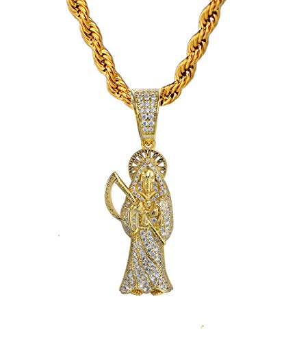 Shop-iGold Men Women 925 Italy Finish Iced Santa Muerte Charm Ice Out Pendant Mens Jewelry Iced Gold Death Reaper Pendant Christian Pendant Religious Charm Pendant (24 Chain Pendant Set)