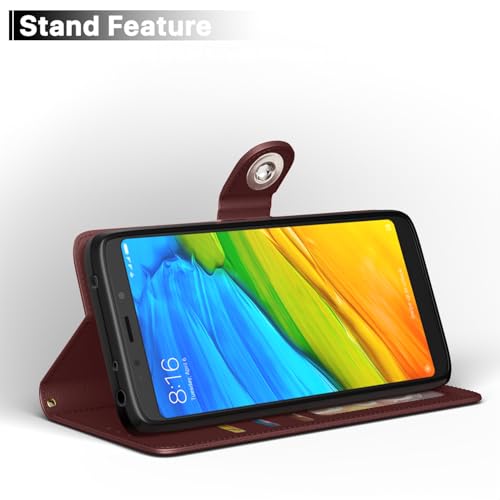 Image of Pikkme Flip Cover Leather Finish | Inside TPU with Card Pockets | Wallet Stand and Shock Proof | Complete Protection Button Flip Case for Redmi Note 5 (Brown)