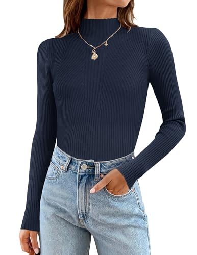 Zeagoo Jersey para mujer, cuello alto, punto acanalado, elegante, para otoño e invierno, suave, corte ajustado, jersey de punto fino, azul marino, XL