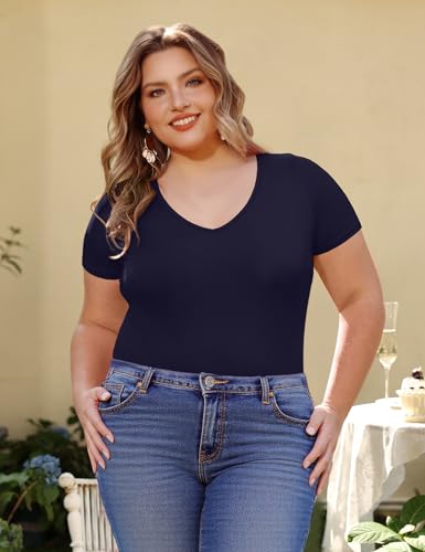 Image of COOTRY Plus Size Short Sleeve Bodysuits for Women V Neck Body Suit Tops Basic One Piece Bodysuit T Shirt