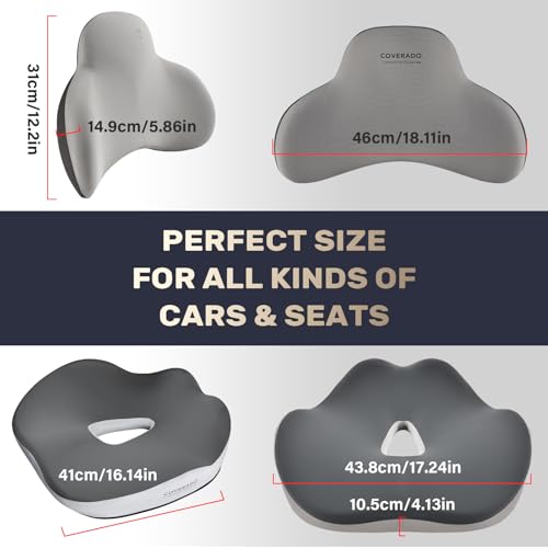 Image of Coverado Seat Cushion and Lumbar Support Pillow for Car Office Chair, Ergonomic Memory Foam Desk Chair Cushion Back Support Pillow, Sciatica & Back & Tailbone Pain Relief Cushion-Black&Gray