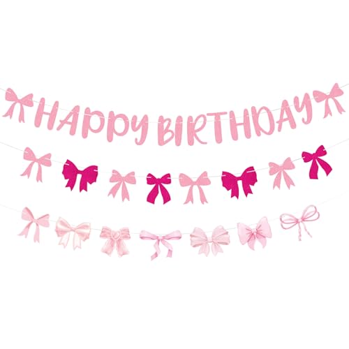 Image of Pink Coquette Birthday Banner - Sweet Bow Happy Birthday Decorations 3 Pcs Hanging Ribbon Banner Streamers Garland Decor for Girls Women Party Decoration Supplies