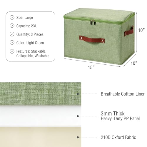 Image of 3PCS Storage Bins Boxes with Zippered Lids Cotton Linen Fabric Decorative Basket PU Leather Handles PP Plastic Board Foldable Lidded Shelf Closet Organizer Container (Light Green, Large)