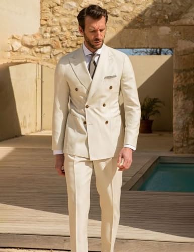 SUZHIMO Men's Linen Suit Double Breasted Suit Men 2 Piece Slim Fit Summer Wedding Suit3
