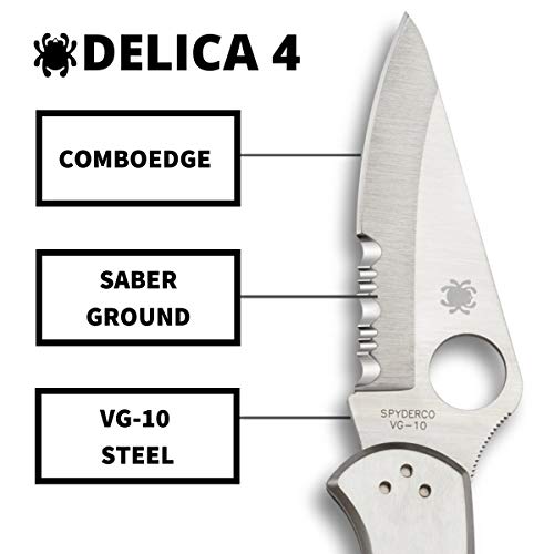 Spyderco Delica 4 Signature Knife With 2.95" Saber-Ground Vg-10 Steel Blade And Durable Stainless Steel Handle - Combinationedge - C11Ps #TOP2