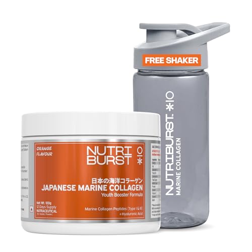Nutriburst Japanese Marine Collagen Powder 100g with Free Shaker | Marine Collagen Peptides Type I & III with Hyaluronic Acid | 8 g High Absorption Co