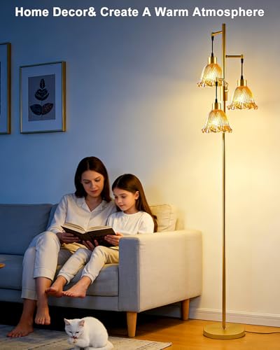 Image of Lightdot Glass Floor Lamps for Living Room, 3-Light Dimmable Floor Lamp with Amber Glass Shade& E12 Bulbs Included, Mid Century Standing Tall Lamp with 5Lbs Heavy Base for Bedroom /Sofa Beside-Gold