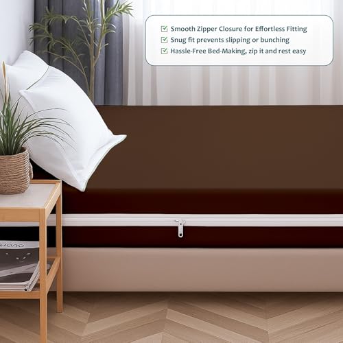 Image of Zipper Closure Style Mattress Protector Single Size 100% Waterproof Six-Sided Mattress Encasement for Bed 48x75 Inch Fit On 6 Inch 4X6.3 Feet Chocolate