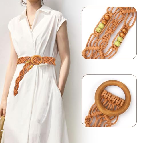 Boho Belt for Women, Bohemian Woven Waist Belt, Adjustable Brown Braided Belt for Dresses Jackets Bikinis, Handcrafted Rattan Belt for Women4