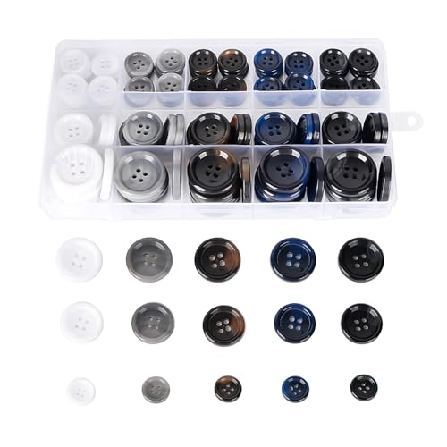 Image of 110Pcs Mixed Sewing Buttons, 4-Hole Craft Round, 5 Color 3 Size(15mm,20mm,25mm) Suit Coats Blazer Resin Button, Suitable for Variety Clothing Sewing, DIY Craft (White,Grey, Brown,Blue, Black)
