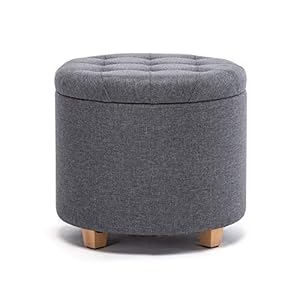 HNNHOME 45 cm ronde linnen Ottomaanse opbergkruk met gewatteerde zitting, voetenbank, poef, stoel met deksel (Lava)