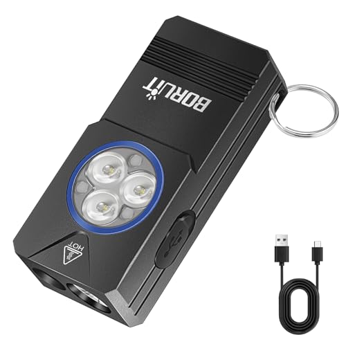 BORUIT EV30 EDC Flashlight Clip On, Small Flashlights Powerful 550 Lumens Bright, USB C Rechargeable - Mini Keychain Flash Light with Magnetic, Red and UV Lights for Home Camping Running