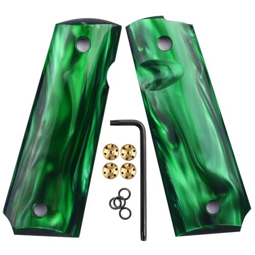 Cool Hand 1911 Grips for Full Size, High Polished Synthetic Pearl, Gold Screws Included, Ambi Safety Cut, Green
