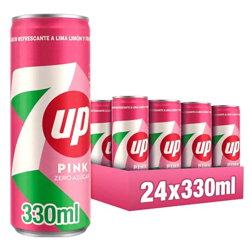 7UP Pink Zero Azúcar formato 24 Latas x 330 ml, Refresco sin calorías sabor lima-limón y frambuesa, Bebida refrescante sin azúcar