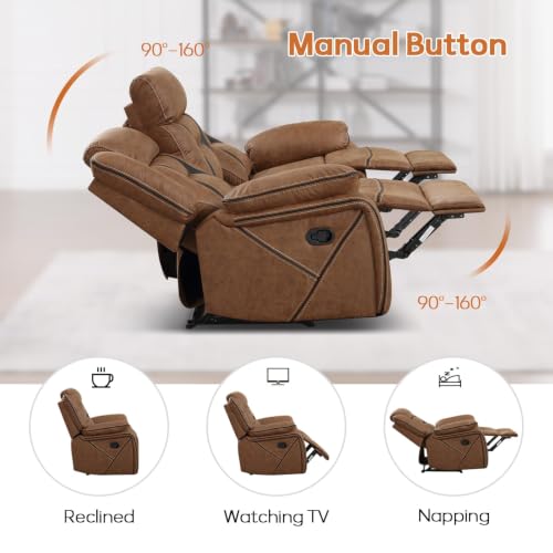 Image of EBELLO Faux Leather Recliner Sofa Furniture Set for Living Room, 1 Recliner Chairs, Two 3 Seat Reclining Sofa Couch Set for Meeting Room, Brown