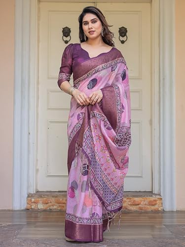 Image of ALMAARI FASHION Floral Printed Cotton Saree for Women with Handloom Zari Weave, Traditional Lightweight Ethnic Saree for Wedding Festive Office Party with Blouse Piece (LINEN 81-90 SH)