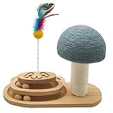 Kathson Wooden Cat Scratching Post Ball Track 3 in 1 Mushroom Sisal Scratch Post Wooden Base Two-Lay