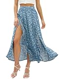 DEEP SELF Blue Women Floral High Waisted Maxi Skirts Trendy Fashion Double Slit Ruffle Long Skirt for Summer Plus Size