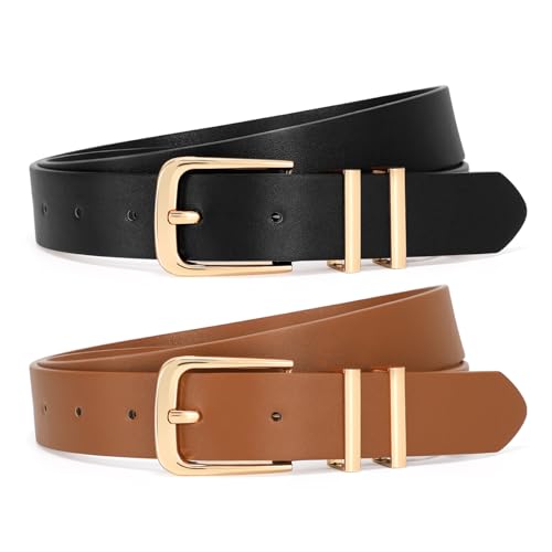 Image of JASGOOD 2 Pack Women’s Leather Belts for Jeans Dresses Fashion Gold Buckle Ladies Waist Belt,Black+Brown,Medium:Fit Waist Size 32-37 inches