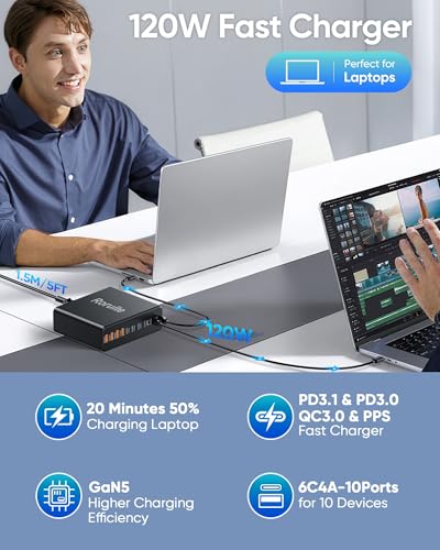 Image of 1000W USB C Charging Station, 120W PD GaN5 Super Fast USB C Charger Block-10 Port, Type C for PC Laptop MacBook Pro /Air Charger Compatible with iPhone 17 16 15 14 13 12 Pro Max, iPad, Galaxy (Black)