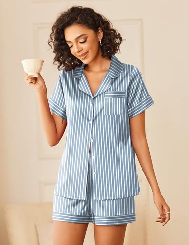 Image of Ekouaer Silk Pajamas for Women Button Down Sleepwear 2 Piece Pjs Shorts Set | Classic Short Sleeve Notch Neck Lounge Set with Pockets,Soft Cute Pj Set,Bridal Gifts,Pajama Party,Maternity Outfits