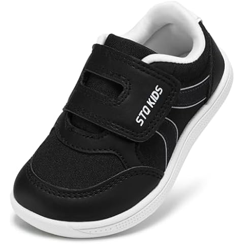 Toddler Wide Toe Box Shoes Boys Barefoot Shoes Boy Sneakers Kids Tennis Shoes Preschool Non Slip Lightweight Comfortable First Walking Running Outdoor Activities Black White Toddler Size 9 Cover