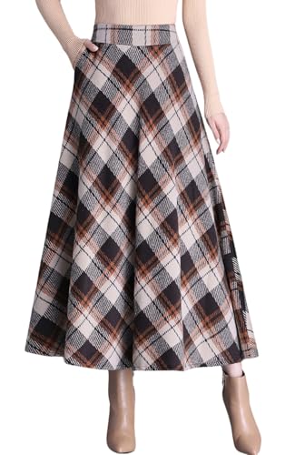 chouyatou Women's Winter Elastic Waist Wool Plaid Skirt Fall A-Line Pleated Midi Long Skater Skirt