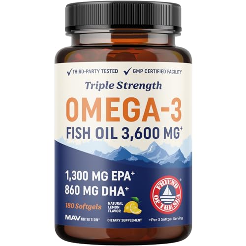 Triple Strength Omega 3 Fish Oil 3600 mg | EPA & DHA | Over 2100mg Omega-3 Fatty Acids | 1300mg EPA + 860mg DHA | Best Essential Fatty Acids | Premium Wild Caught & Burpless Fish Oil | 180 Ct
