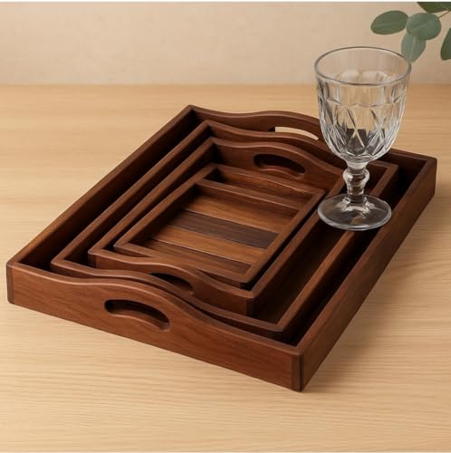 Image of BalladCraft Wooden Serving Tray Set, Set of 3, Handcrafted from Saharanpur, Dark Brown (Round Handle)