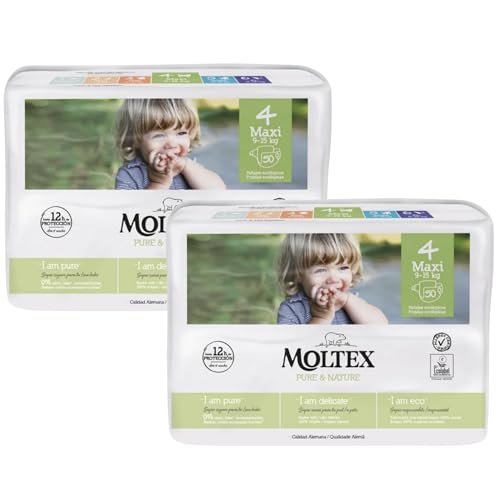 Pañales Infantiles Ecológicos Moltex Pure&Nature. Pañales Desechables. Pañales con Tecnología de Sequedad Instantánea. Hasta 12 Horas Seco. (2 Paquetes, Talla 4)