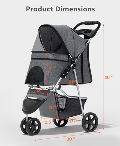 OS MOTOR Pet Stroller with 3 Wheels for Small/Medium Pets, Portable Travel Foldable Carrier Jogger for Dog Cat Puppy Kitty, Rear Wheel Breaks, Storage Basket, Visible Mesh with Weather Cover (Gray)