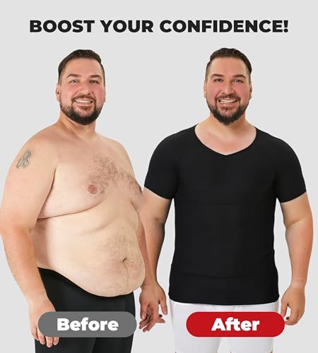Men's Compression Shirt, V-Neck Slimming Body Shaper Short Sleeve Hide Gynecomastia Chest Underwear for Tummy Control2
