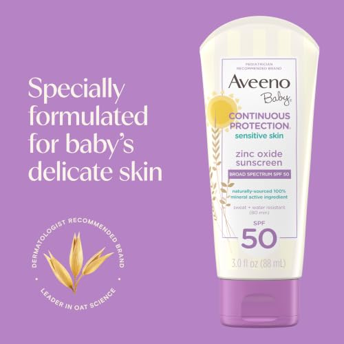 Image of Aveeno Baby Continuous Protection Zinc Oxide SPF 50 Sunscreen for Babies with Sensitive Skin, Broad Spectrum Sun Protection, Tear-Free, Sweat- & Water-Resistant, No added Parabens, 3 Fl Oz