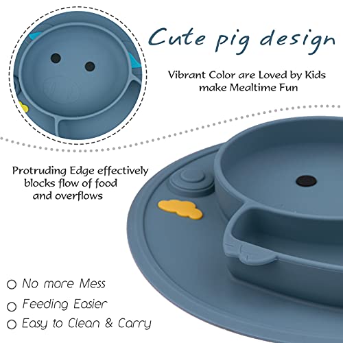 Baby Divided Plate Placemat Silicone- Portable Non Slip Child Feeding Suction Plate For Children Babies And Kids Bpa Free Baby Dinner Plate Microwave Dishwasher Safe (Bijou Blue) #TOP1