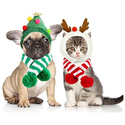 Christams Small-Dog Hat Scraf Costume - 4Pcs Christmas Dogs Cats Hat Scraf Bandana Pet Gifts Christmas Tree Elk Horn Hat (Medium) Cover