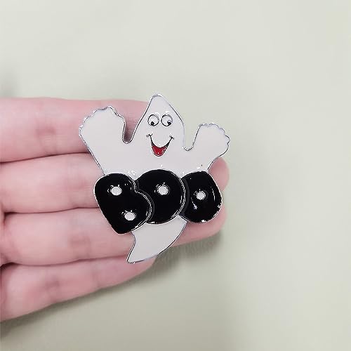 Image of Enamel Boo Halloween Brooch Pin for Women Girls Men Fashion Cute Ghost Demon Round Rhinestone Brooches Badges Lapel Pins Fun Holiday Festival Ornament Hat Bag Suit Dress Accessories Jewelry Gift (Black White)