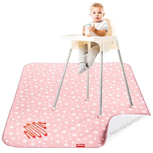 Image of Baby Splat Mat Anti Slip Waterproof High Chair Mat, Baby Feeding Table Cloth Floor Mat Cover, Baby Art Playtime Mat for Craft/Mealtime, 42X46 Inch Washable Portable Picnic Mat - Pink Star