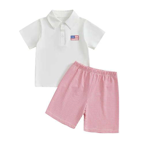 Socutebabe Baby Boy 4th of July Outfits USA Flag Short Sleeve Button Down Polo Shirt Shorts Set Toddler Fourth of July Outfit (Red, 6-12 Months)