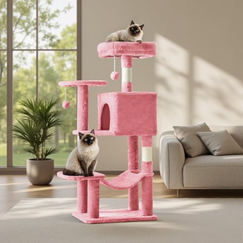 Image of Sweetcrispy 44 Inch Cats Tree Tower, Cat Climbing Tower with Natural Sisal Scratching Posts, Hammock, Pet Condo for Indoor Cats and Kittens Play, Pink